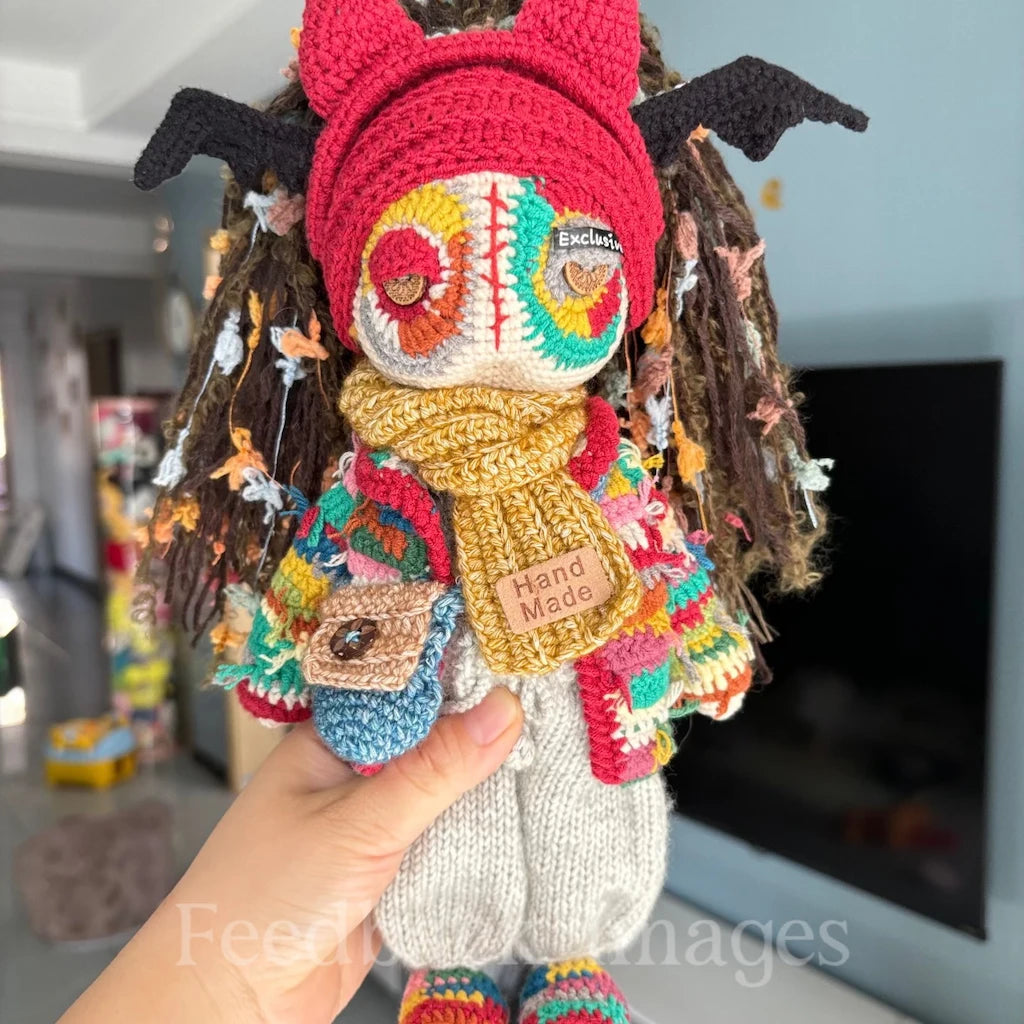 Handcrafted "Gothic" Crochet Art Doll - Creepy-Cute Dress-Up Plush with Removable Clothes