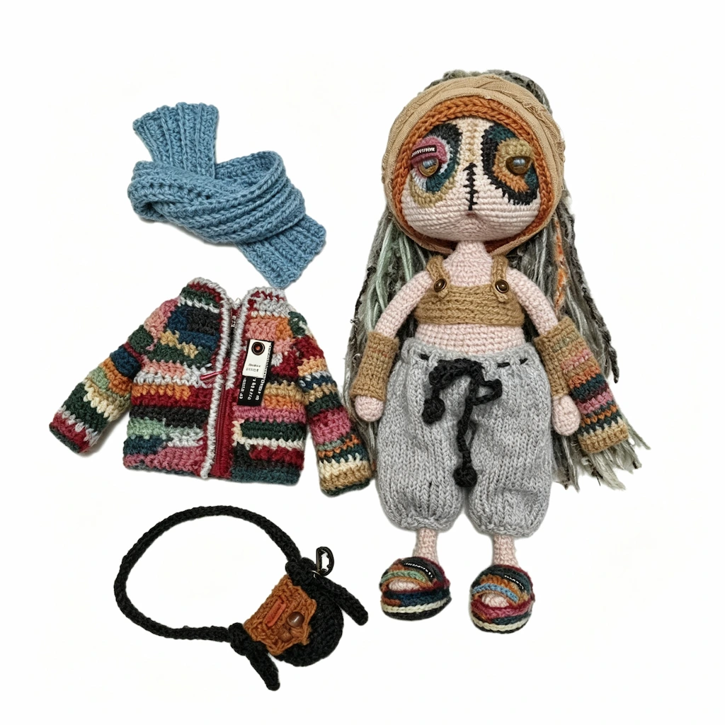 Handcrafted "Gothic" Crochet Art Doll - Creepy-Cute Dress-Up Plush with Removable Clothes