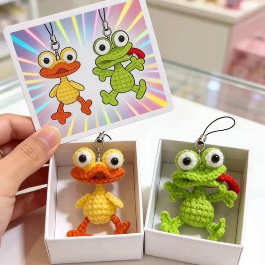 Hand-crocheted clown frog and yellow duck phone charm keychain gift ornament